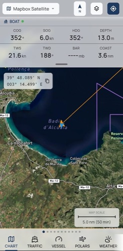 Galvanic App — Chart tab: live position and route on multiple chart sources