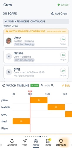 Galvanic App — Crew tab: roster, watch schedule and fatigue indicator