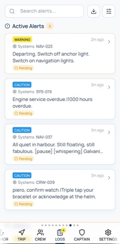 Galvanic App — Logs tab: searchable alert log