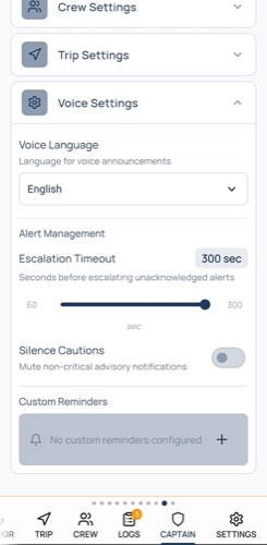 Galvanic App — Captain tab: language, per-alert tuning and night mode